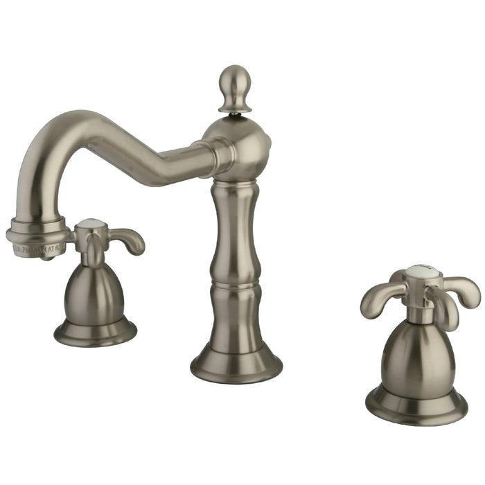 Kingston Heirloom KS1978TX - French Country Two-Handle 3-Hole Deck Mount Widespread Bathroom Faucet with Brass Pop-Up, Brushed Nickel