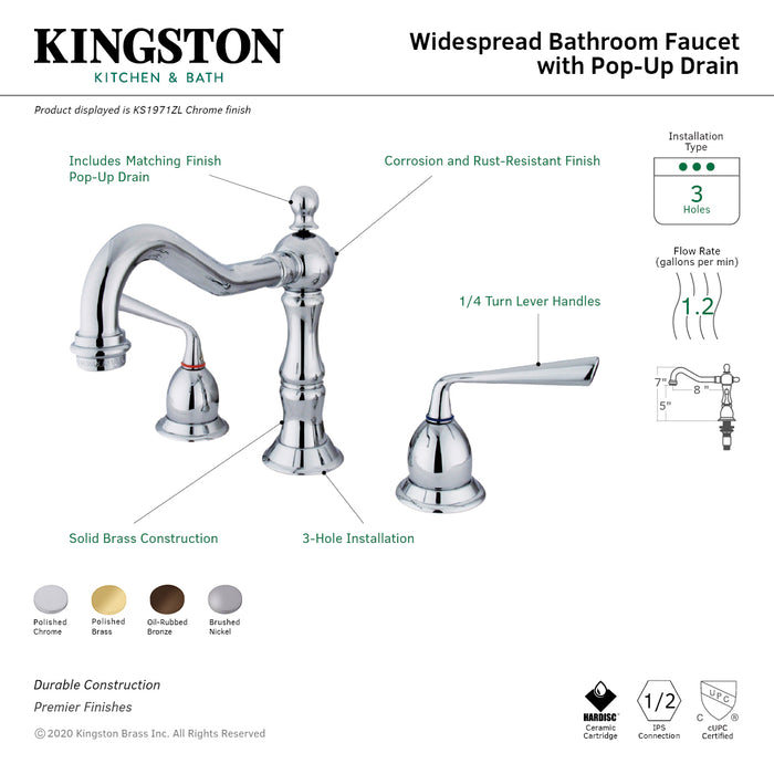 Kingston Heirloom KS1978ZL - Silver Sage Two-Handle 3-Hole Deck Mount Widespread Bathroom Faucet with Brass Pop-Up, Brushed Nickel
