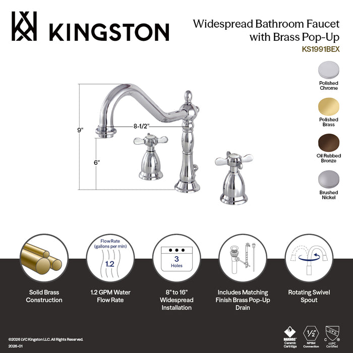 Kingston Heirloom KS1991BEX - Essex Two-Handle 3-Hole Deck Mount Widespread Bathroom Faucet with Brass Pop-Up, Polished Chrome