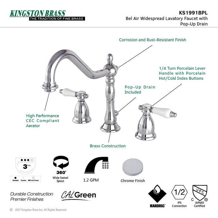 Kingston Heirloom KS1991BPL - Bel-Air Two-Handle 3-Hole Deck Mount Widespread Bathroom Faucet with Brass Pop-Up, Polished Chrome