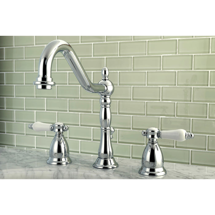 Kingston Heirloom KS1991BPL - Bel-Air Two-Handle 3-Hole Deck Mount Widespread Bathroom Faucet with Brass Pop-Up, Polished Chrome
