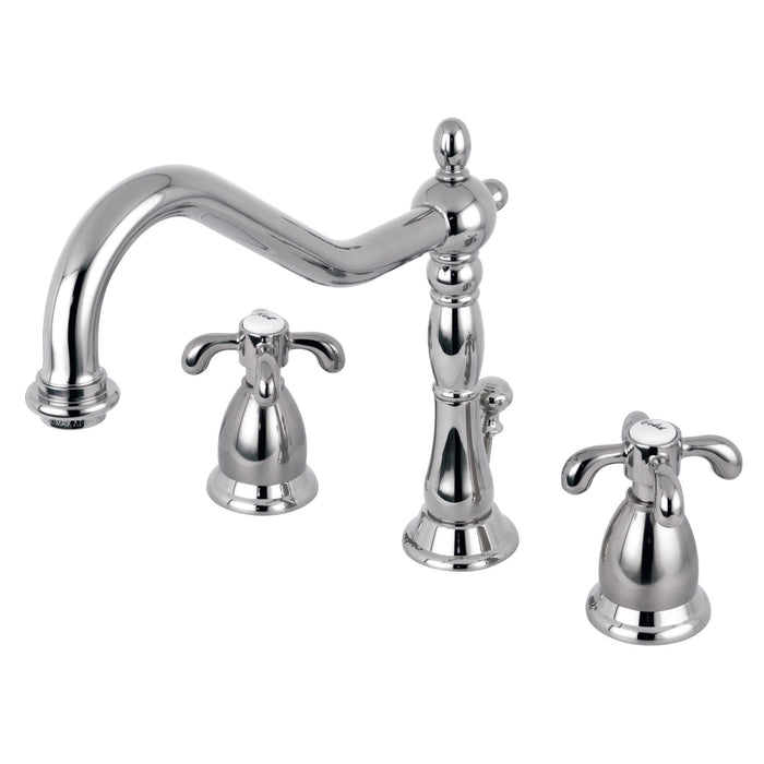 Kingston Heirloom KS1991TX - French Country Two-Handle 3-Hole Deck Mount Widespread Bathroom Faucet with Brass Pop-Up, Polished Chrome