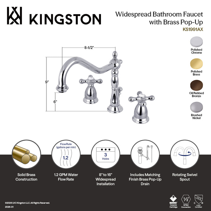 Kingston Heirloom KS1992AX - Heritage Two-Handle 3-Hole Deck Mount Widespread Bathroom Faucet with Brass Pop-Up, Polished Brass