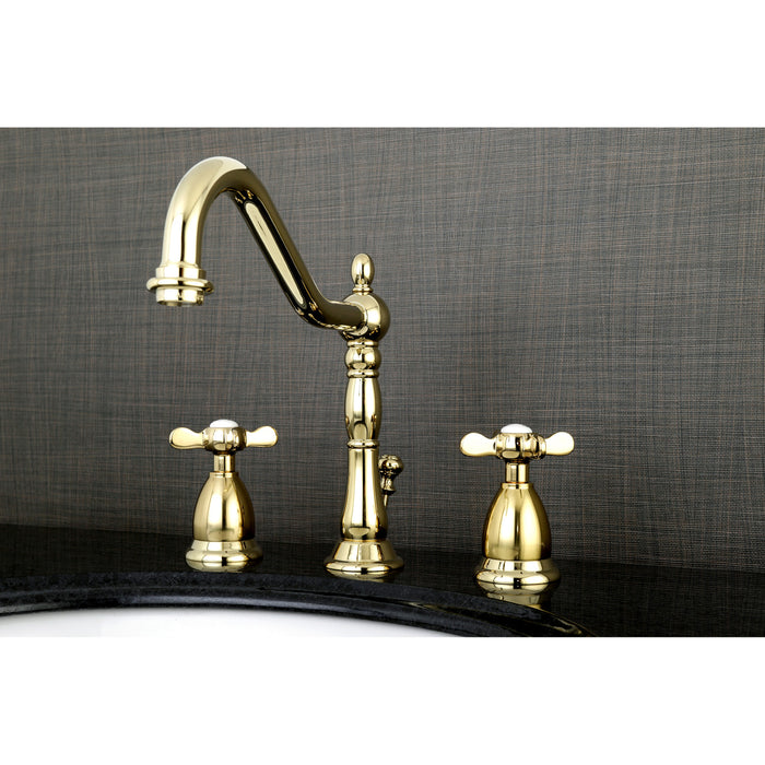 Kingston Heirloom KS1992BEX - Essex Two-Handle 3-Hole Deck Mount Widespread Bathroom Faucet with Brass Pop-Up, Polished Brass