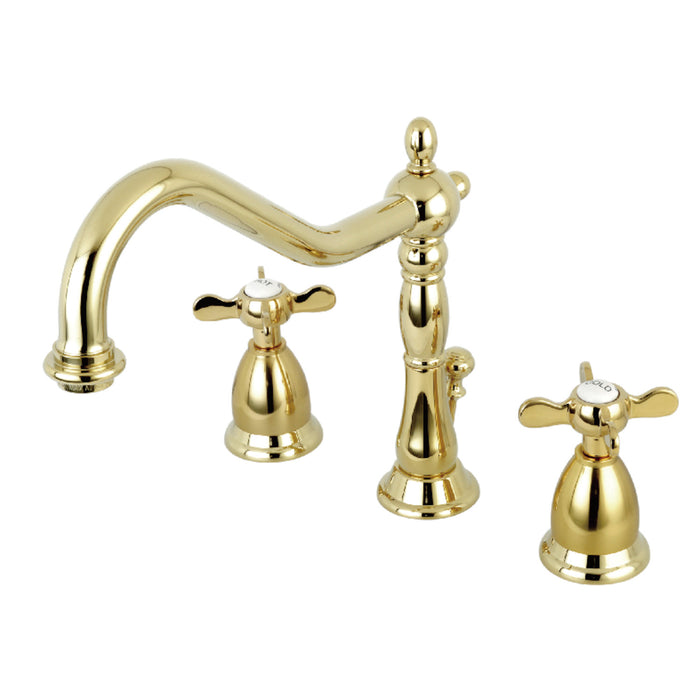 Kingston Heirloom KS1992BEX - Essex Two-Handle 3-Hole Deck Mount Widespread Bathroom Faucet with Brass Pop-Up, Polished Brass