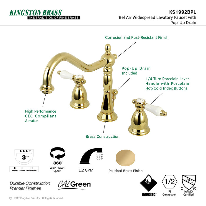 Kingston Heirloom KS1992BPL - Bel-Air Two-Handle 3-Hole Deck Mount Widespread Bathroom Faucet with Brass Pop-Up, Polished Brass