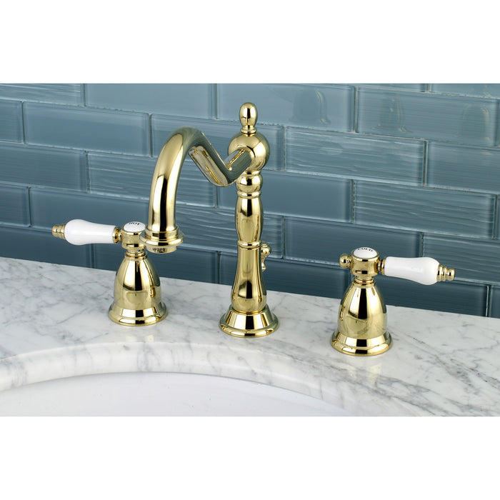 Kingston Heirloom KS1992BPL - Bel-Air Two-Handle 3-Hole Deck Mount Widespread Bathroom Faucet with Brass Pop-Up, Polished Brass
