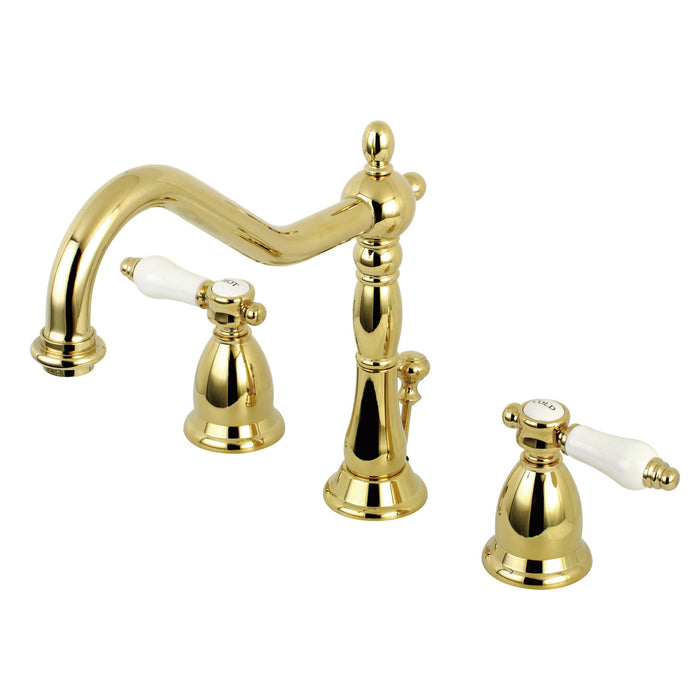 Kingston Heirloom KS1992BPL - Bel-Air Two-Handle 3-Hole Deck Mount Widespread Bathroom Faucet with Brass Pop-Up, Polished Brass