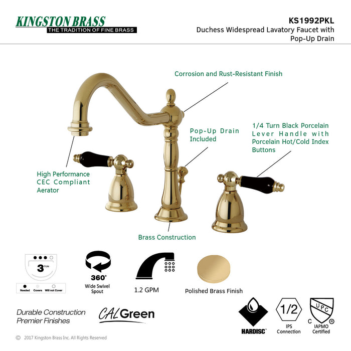 Kingston Heirloom KS1992PKL - Duchess Two-Handle 3-Hole Deck Mount Widespread Bathroom Faucet with Brass Pop-Up, Polished Brass
