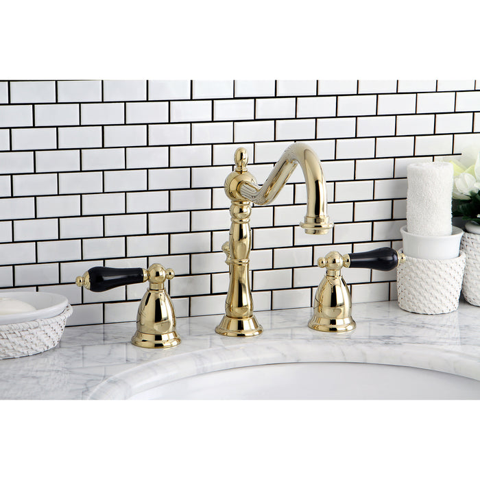 Kingston Heirloom KS1992PKL - Duchess Two-Handle 3-Hole Deck Mount Widespread Bathroom Faucet with Brass Pop-Up, Polished Brass