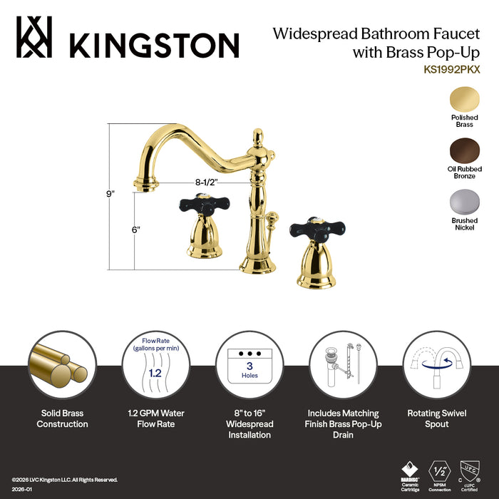 Kingston Heirloom KS1992PKX - Duchess Two-Handle 3-Hole Deck Mount Widespread Bathroom Faucet with Brass Pop-Up, Polished Brass