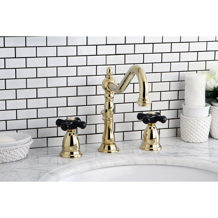 Kingston Heirloom KS1992PKX - Duchess Two-Handle 3-Hole Deck Mount Widespread Bathroom Faucet with Brass Pop-Up, Polished Brass