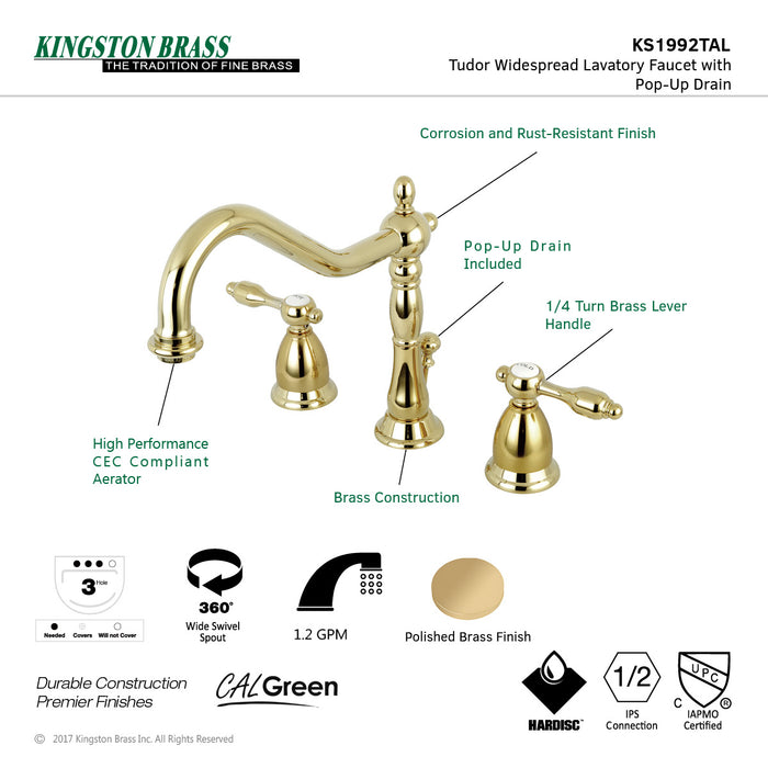 Kingston Heirloom KS1992TAL - Tudor Two-Handle 3-Hole Deck Mount Widespread Bathroom Faucet with Brass Pop-Up, Polished Brass