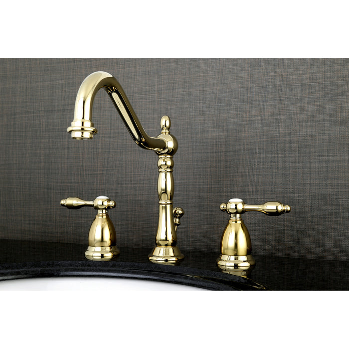 Kingston Heirloom KS1992TAL - Tudor Two-Handle 3-Hole Deck Mount Widespread Bathroom Faucet with Brass Pop-Up, Polished Brass