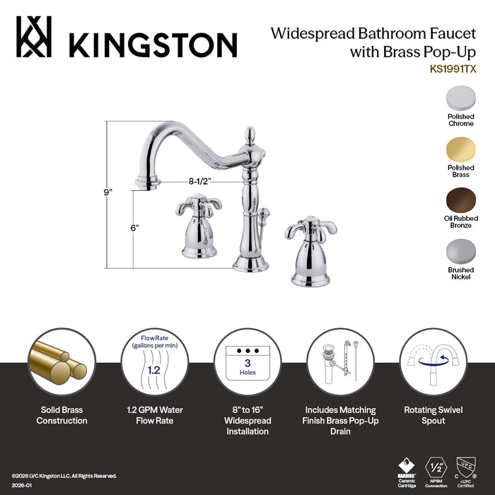 Kingston Heirloom KS1992TX - French Country Two-Handle 3-Hole Deck Mount Widespread Bathroom Faucet with Brass Pop-Up, Polished Brass