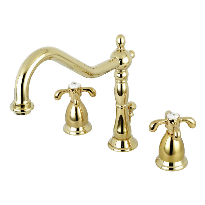 Kingston Heirloom KS1992TX - French Country Two-Handle 3-Hole Deck Mount Widespread Bathroom Faucet with Brass Pop-Up, Polished Brass