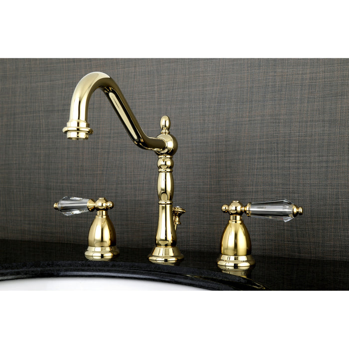 Kingston Heirloom KS1992WLL - Wilshire Two-Handle 3-Hole Deck Mount Widespread Bathroom Faucet with Brass Pop-Up, Polished Brass