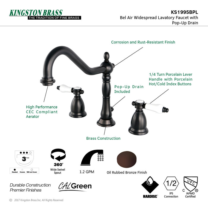 Kingston Heirloom KS1995BPL - Bel-Air Two-Handle 3-Hole Deck Mount Widespread Bathroom Faucet with Brass Pop-Up, Oil Rubbed Bronze