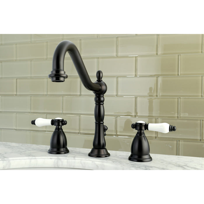 Kingston Heirloom KS1995BPL - Bel-Air Two-Handle 3-Hole Deck Mount Widespread Bathroom Faucet with Brass Pop-Up, Oil Rubbed Bronze