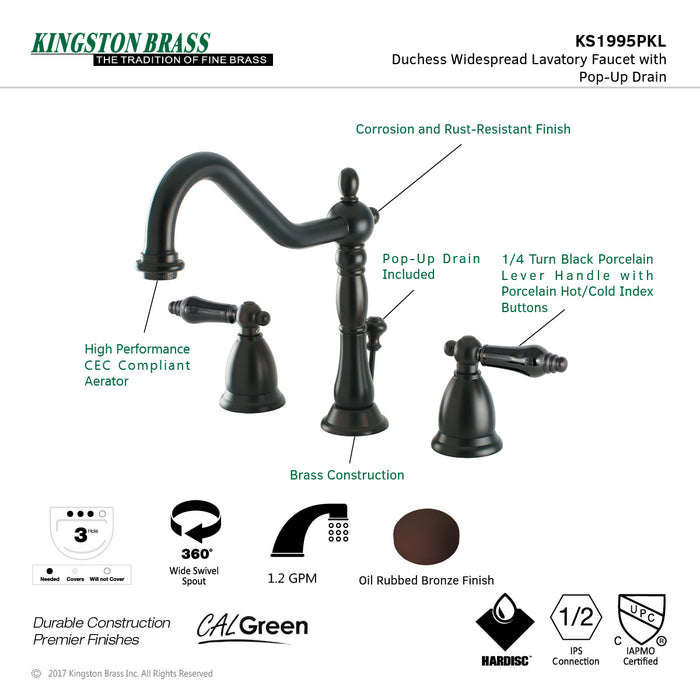 Kingston Heirloom KS1995PKL - Duchess Two-Handle 3-Hole Deck Mount Widespread Bathroom Faucet with Brass Pop-Up, Oil Rubbed Bronze