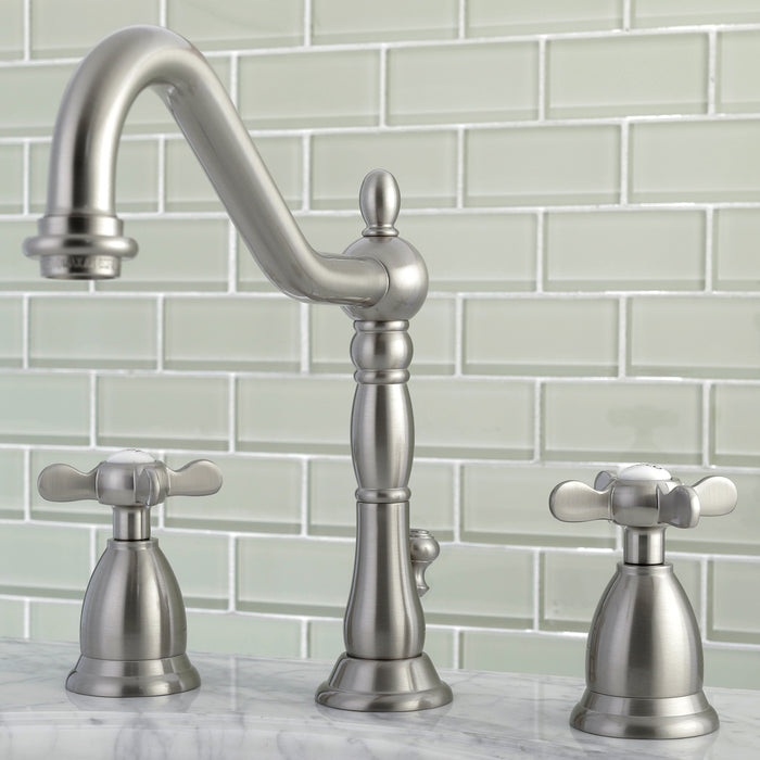 Kingston Heirloom KS1998BEX - Essex Two-Handle 3-Hole Deck Mount Widespread Bathroom Faucet with Brass Pop-Up, Brushed Nickel