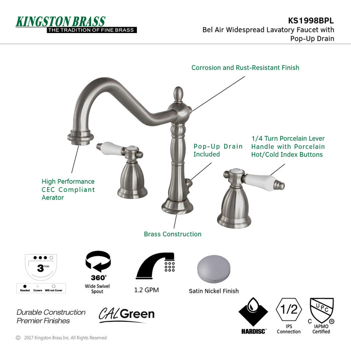 Kingston Heirloom KS1998BPL - Bel-Air Two-Handle 3-Hole Deck Mount Widespread Bathroom Faucet with Brass Pop-Up, Brushed Nickel