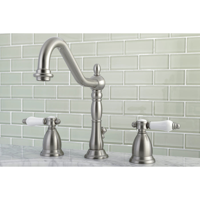 Kingston Heirloom KS1998BPL - Bel-Air Two-Handle 3-Hole Deck Mount Widespread Bathroom Faucet with Brass Pop-Up, Brushed Nickel