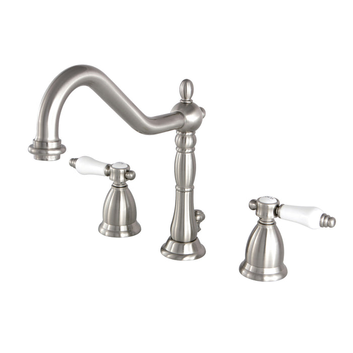 Kingston Heirloom KS1998BPL - Bel-Air Two-Handle 3-Hole Deck Mount Widespread Bathroom Faucet with Brass Pop-Up, Brushed Nickel