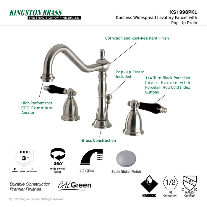 Kingston Heirloom KS1998PKL - Duchess Two-Handle 3-Hole Deck Mount Widespread Bathroom Faucet with Brass Pop-Up, Brushed Nickel