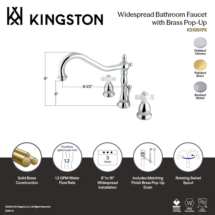 Kingston Heirloom KS1998PX - Heritage Two-Handle 3-Hole Deck Mount Widespread Bathroom Faucet with Brass Pop-Up, Brushed Nickel