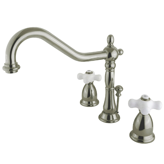 Kingston Heirloom KS1998PX - Heritage Two-Handle 3-Hole Deck Mount Widespread Bathroom Faucet with Brass Pop-Up, Brushed Nickel