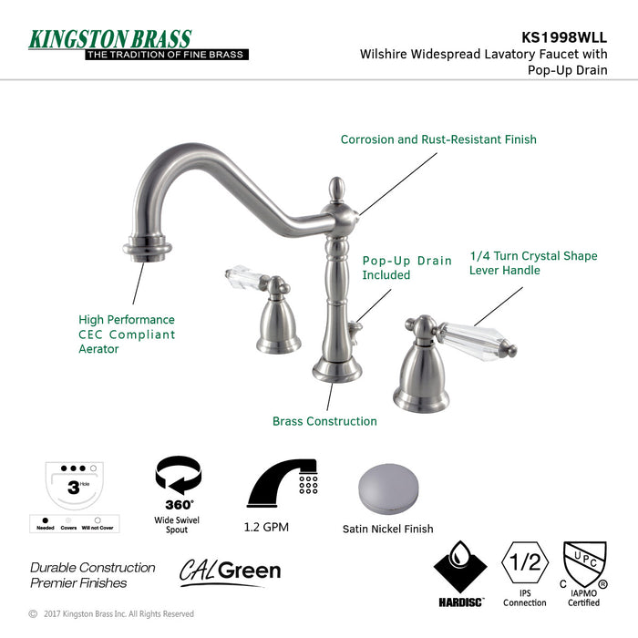 Kingston Heirloom KS1998WLL - Wilshire Two-Handle 3-Hole Deck Mount Widespread Bathroom Faucet with Brass Pop-Up, Brushed Nickel