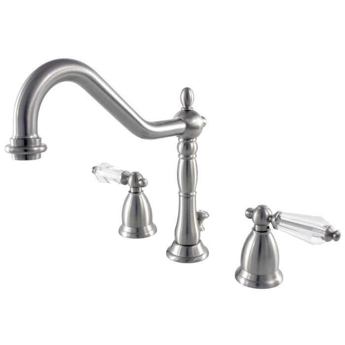 Kingston Heirloom KS1998WLL - Wilshire Two-Handle 3-Hole Deck Mount Widespread Bathroom Faucet with Brass Pop-Up, Brushed Nickel