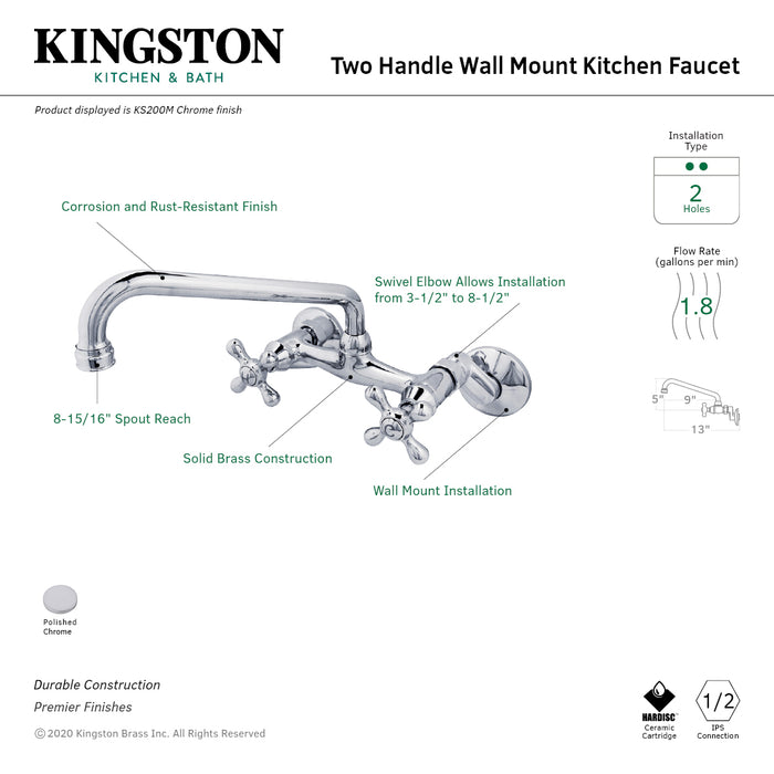 Kingston Heirloom KS200M Two-Handle 2-Hole Wall Mount Bridge Kitchen Faucet, Polished Chrome