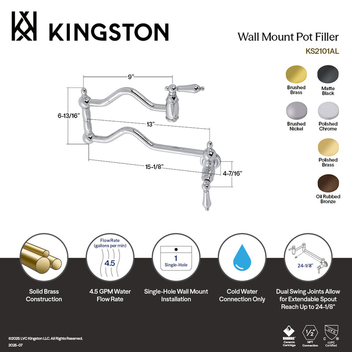 Kingston Heirloom KS2100AL - Heritage Two-Handle 1-Hole Wall Mount Pot Filler Faucet, Matte Black