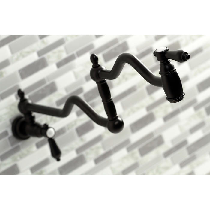 Kingston Heirloom KS2100BAL - Heirloom Two-Handle 1-Hole Wall Mount Pot Filler Faucet, Matte Black