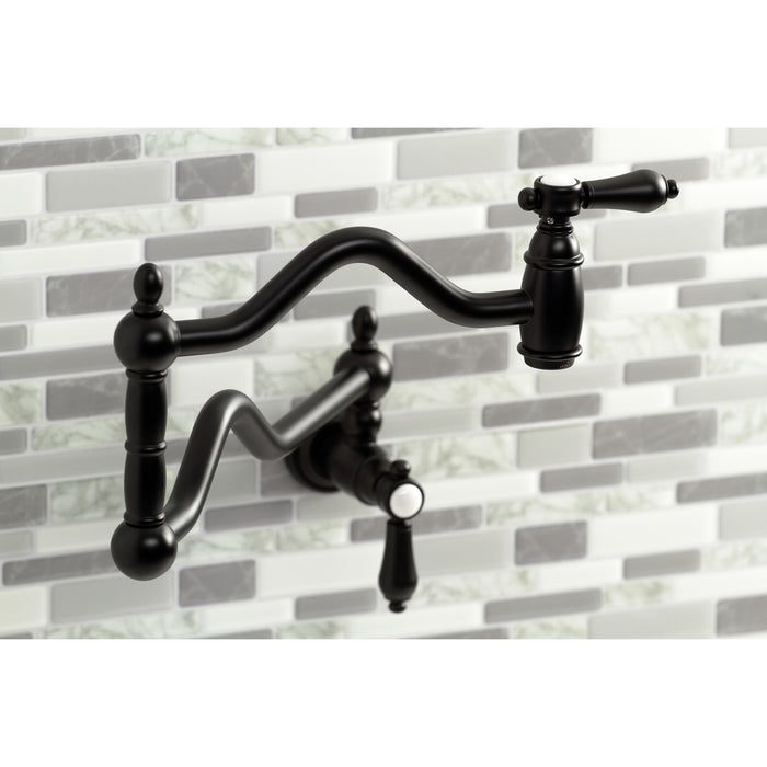 Kingston Heirloom KS2100BAL - Heirloom Two-Handle 1-Hole Wall Mount Pot Filler Faucet, Matte Black