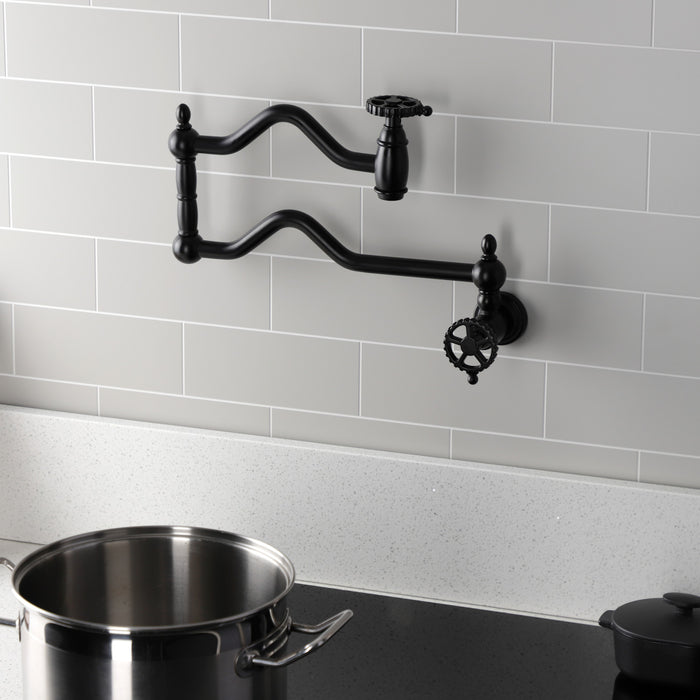 Kingston Tulare KS2100CG - Fuller Two-Handle 1-Hole Wall Mount Pot Filler Faucet, Matte Black