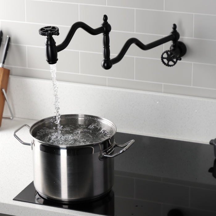 Kingston Tulare KS2100CG - Fuller Two-Handle 1-Hole Wall Mount Pot Filler Faucet, Matte Black