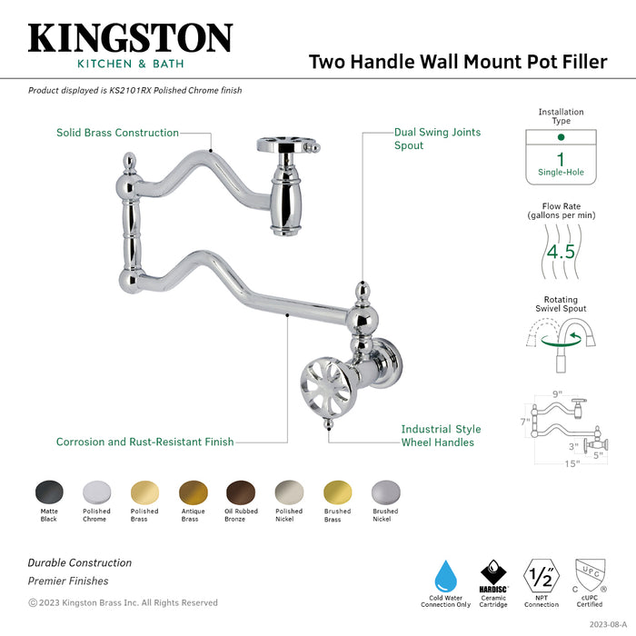 Kingston Tulare KS2100RX - Belknap Two-Handle 1-Hole Wall Mount Pot Filler Faucet, Matte Black