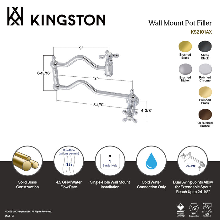 Kingston Heirloom KS2101AX - Heritage Two-Handle 1-Hole Wall Mount Pot Filler Faucet, Polished Chrome