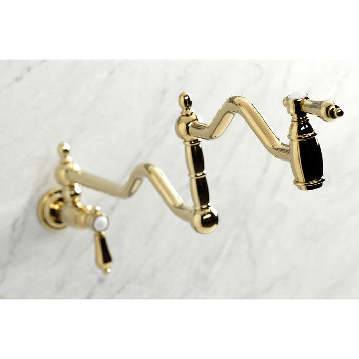 Kingston Heirloom KS2102BAL - Heirloom Two-Handle 1-Hole Wall Mount Pot Filler Faucet, Polished Brass