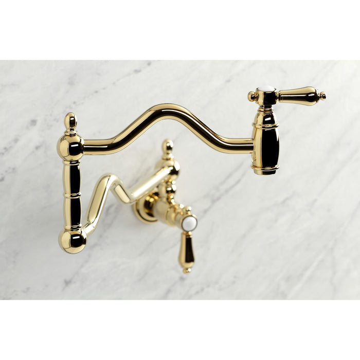 Kingston Heirloom KS2102BAL - Heirloom Two-Handle 1-Hole Wall Mount Pot Filler Faucet, Polished Brass