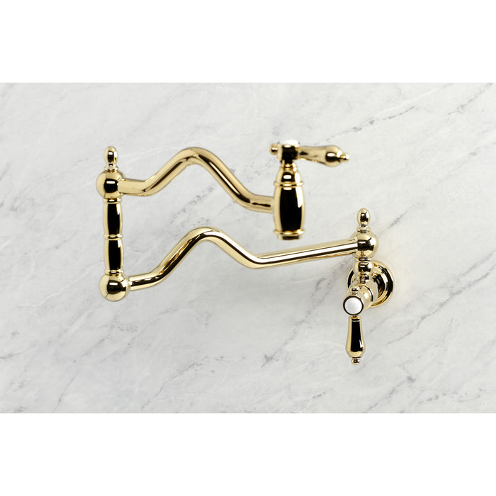 Kingston Heirloom KS2102BAL - Heirloom Two-Handle 1-Hole Wall Mount Pot Filler Faucet, Polished Brass