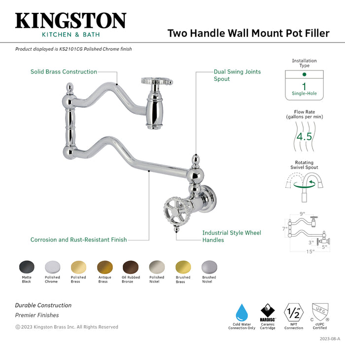 Kingston Tulare KS2102CG - Fuller Two-Handle 1-Hole Wall Mount Pot Filler Faucet, Polished Brass