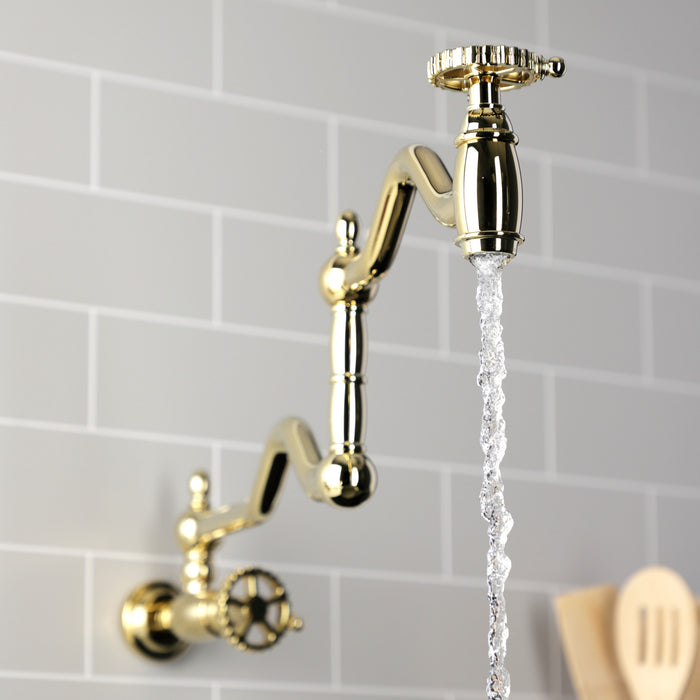 Kingston Tulare KS2102CG - Fuller Two-Handle 1-Hole Wall Mount Pot Filler Faucet, Polished Brass