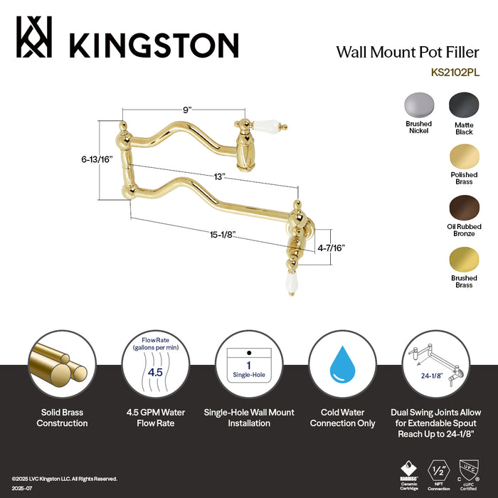 Kingston Heirloom KS2102PL - Heritage Two-Handle 1-Hole Wall Mount Pot Filler Faucet, Polished Brass