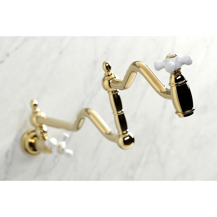 Kingston Heirloom KS2102PX - Heritage Two-Handle 1-Hole Wall Mount Pot Filler Faucet, Polished Brass