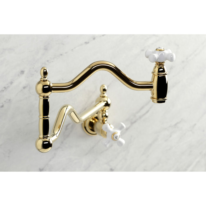 Kingston Heirloom KS2102PX - Heritage Two-Handle 1-Hole Wall Mount Pot Filler Faucet, Polished Brass