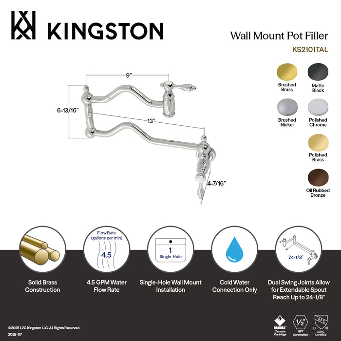 Kingston Heirloom KS2102TAL - Tudor Two-Handle 1-Hole Wall Mount Pot Filler Faucet, Polished Brass